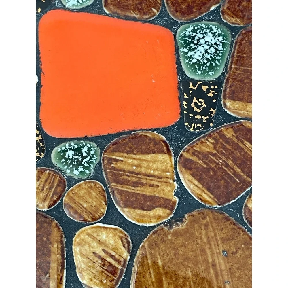 MCM Mid Century Modern Mosaic Platter Orange Brown River Stones Japan 11